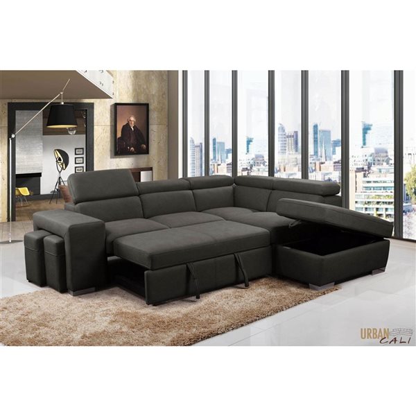 Urban Cali Pasadena Large Noble Cement Sleeper Sectional Sofa Bed w/ Storage Ottoman and 2 Stools