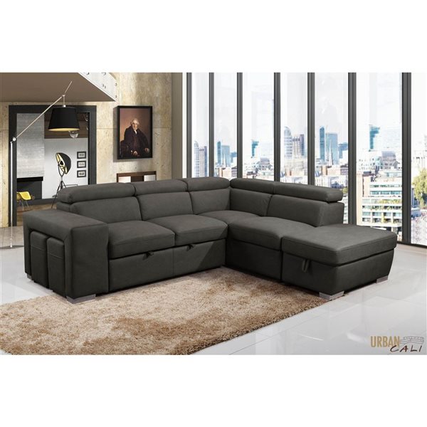 Urban Cali Pasadena Large Noble Cement Sleeper Sectional Sofa Bed w/ Storage Ottoman and 2 Stools