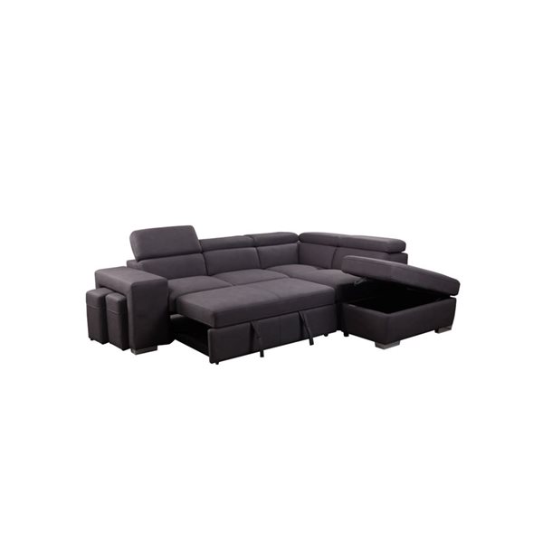 Urban Cali Pasadena Large Noble Cement Sleeper Sectional Sofa Bed w/ Storage Ottoman and 2 Stools