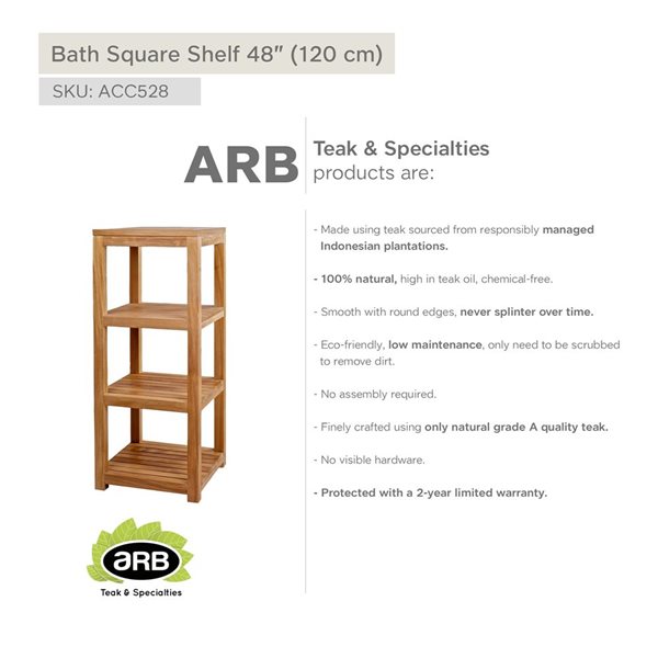 Étagère en teck carrée ARB Teak & Specialties 48 po à 4 tablettes pour salle de bain