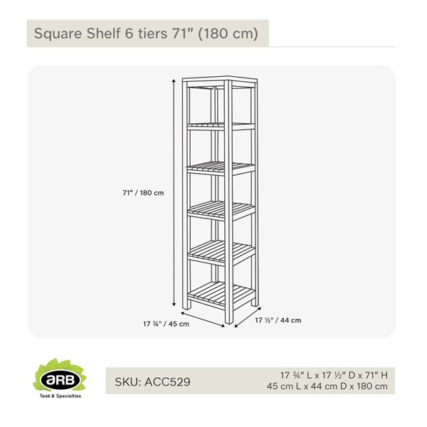 Étagère en teck carrée ARB Teak & Specialties 71 po à 6 tablettes pour salle de bain