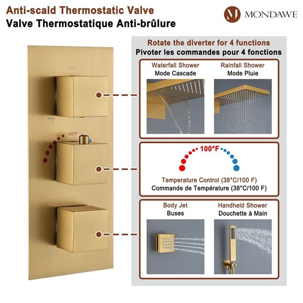 Mondawe 22-in Thermostatic 4-Function Brushed Gold Waterfall Built-In Shower Faucet System with 6 Body Sprays