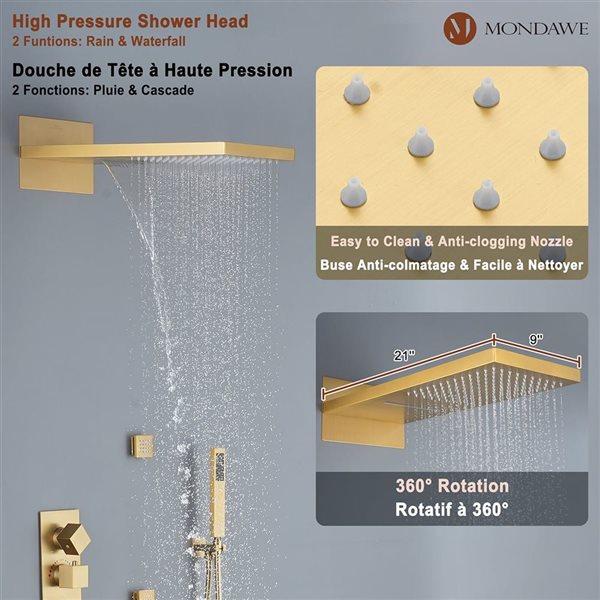 Mondawe 22-in Thermostatic 4-Function Brushed Gold Waterfall Built-In Shower Faucet System with 6 Body Sprays