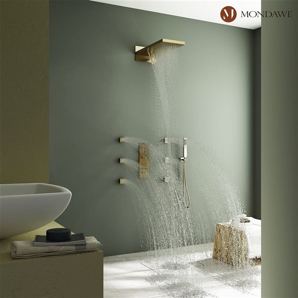 Mondawe 22-in Thermostatic 4-Function Brushed Gold Waterfall Built-In Shower Faucet System with 6 Body Sprays