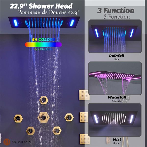 Mondawe 23 x 15-in Luxury Thermostatic 4-Function Brushed Gold LED Waterfall Shower System w/ Music Player/Body Sprays