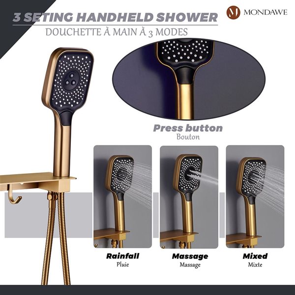 Mondawe 23 x 15-in Luxury Thermostatic 4-Function Brushed Gold LED Waterfall Shower System w/ Music Player/Body Sprays