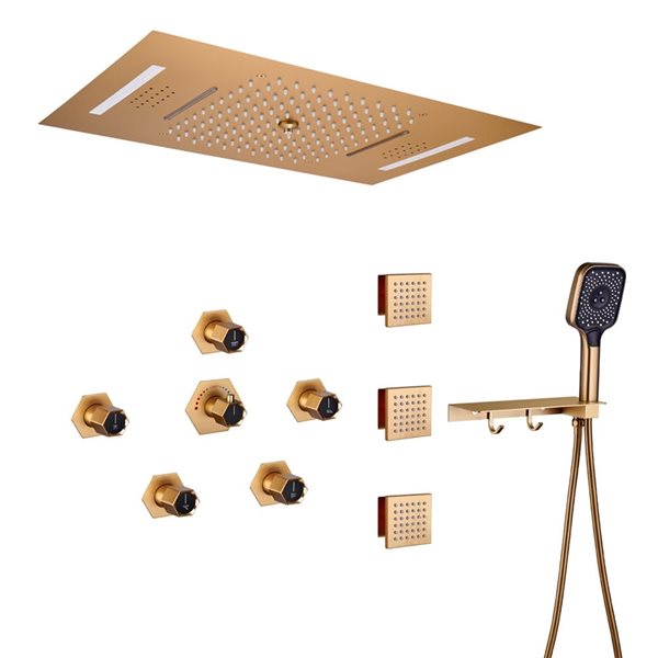 Mondawe 23 x 15-in Luxury Thermostatic 4-Function Brushed Gold LED Waterfall Shower System w/ Music Player/Body Sprays