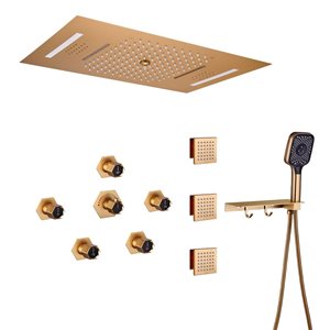 Mondawe 23 x 15-in Luxury Thermostatic 4-Function Brushed Gold LED Waterfall Shower System w/ Music Player/Body Sprays