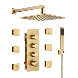 Mondawe 3-Function Thermostatic Brushed Gold LED Built-In Shower Faucet System with Body Sprays