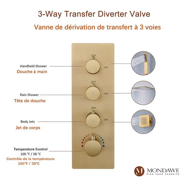 Système de douche thermostatique à deux pommeaux Mondawe 20 po or brossé avec jets de corps