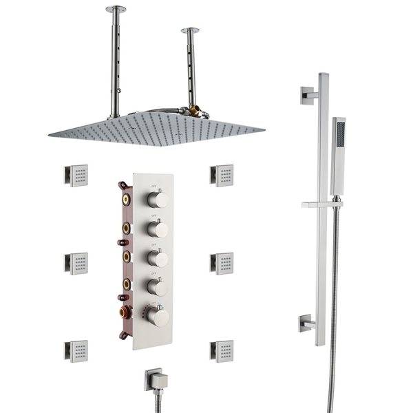 Système encastré robinetterie de douche thermostatique Mondawe 16 po à 4 fonctions nickel brossé avec 6 jets de corps