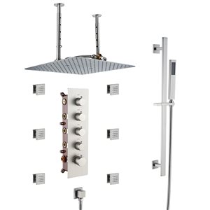 Système encastré robinetterie de douche thermostatique Mondawe 16 po à 4 fonctions nickel brossé avec 6 jets de corps