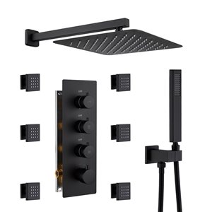 Mondawe Thermostatic Matte Black Built-In Shower Faucet System with 6 Body Sprays