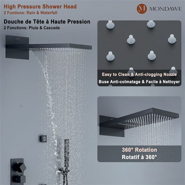 Mondawe 22-in Thermostatic 4-Function Matte Black Waterfall Built-In Shower Faucet System with 6 Body Sprays