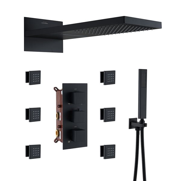 Mondawe 22-in Thermostatic 4-Function Matte Black Waterfall Built-In Shower Faucet System with 6 Body Sprays