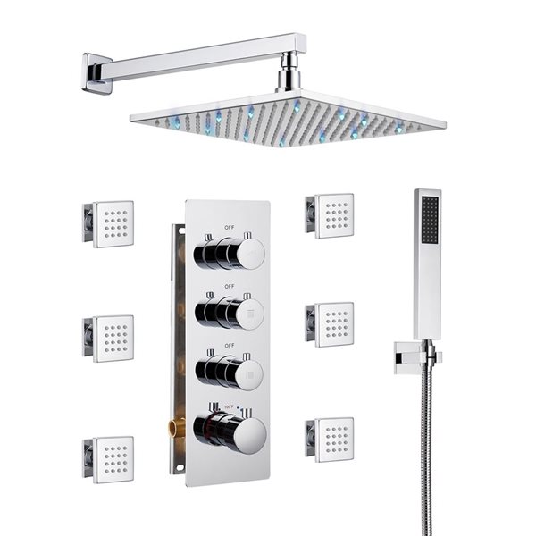 Mondawe 3-Function Thermostatic Chrome LED Built-In Shower Faucet System with Body Sprays