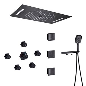 Mondawe 23 x 15-in Luxury Thermostatic 4-Function Matte Black LED Waterfall Shower System w/ Music Player/Body Sprays