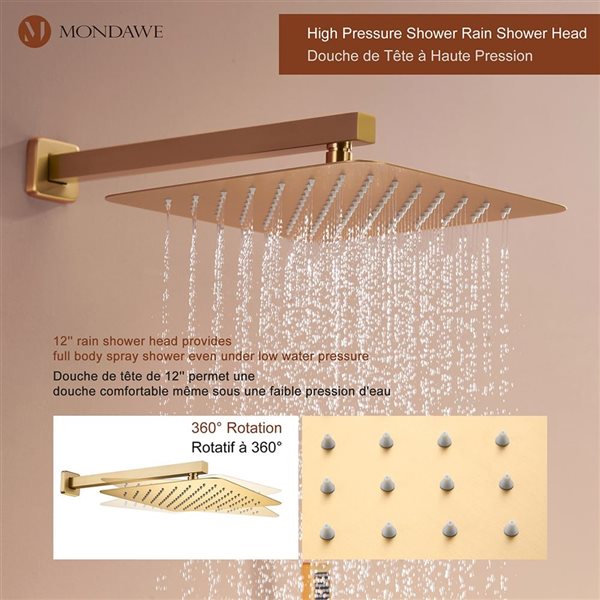 Mondawe Thermostatic Brushed Gold Built-In Shower Faucet System with 6 Body Sprays