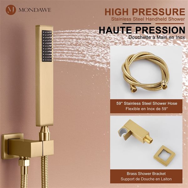 Mondawe Thermostatic Brushed Gold Built-In Shower Faucet System with 6 Body Sprays