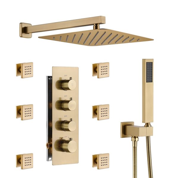 Mondawe Thermostatic Brushed Gold Built-In Shower Faucet System with 6 Body Sprays