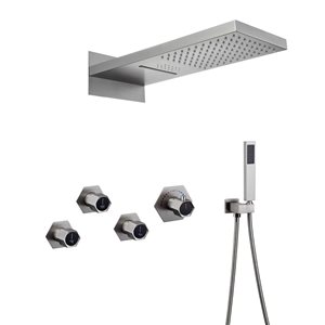 Système de douche thermostatique de luxe à DEL Mondawe nickel brossé avec cascade et lecteur de musique