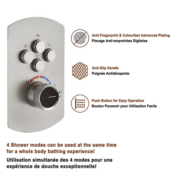 Système encastré de douche cascade Mondawe à 4 fonctions nickel brossé avec 6 jets de corps