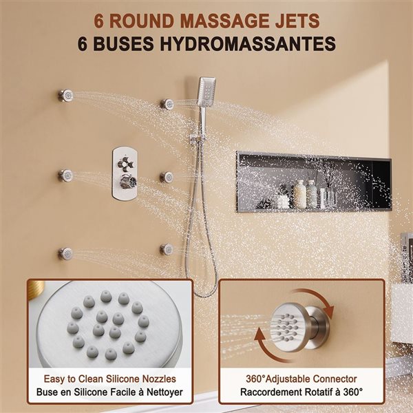 Système encastré de douche cascade Mondawe à 4 fonctions nickel brossé avec 6 jets de corps