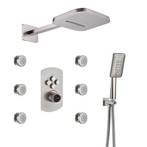 Mondawe 4-Function Brushed Nickel Built-In Waterfall Shower Faucet System with 6 Body Sprays