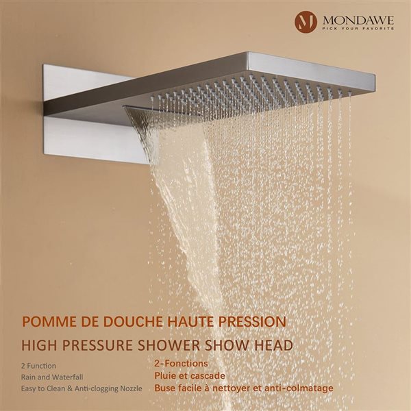 Robinetterie de douche thermostatique encastrée Mondawe nickel brossé avec lumières DEL et jets de corps