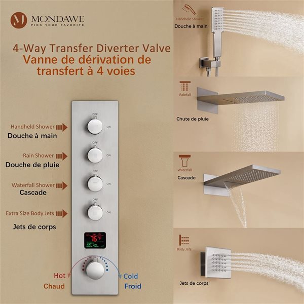 Robinetterie de douche thermostatique encastrée Mondawe nickel brossé avec lumières DEL et jets de corps