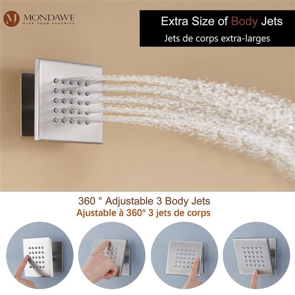 Robinetterie de douche thermostatique encastrée Mondawe nickel brossé avec lumières DEL et jets de corps