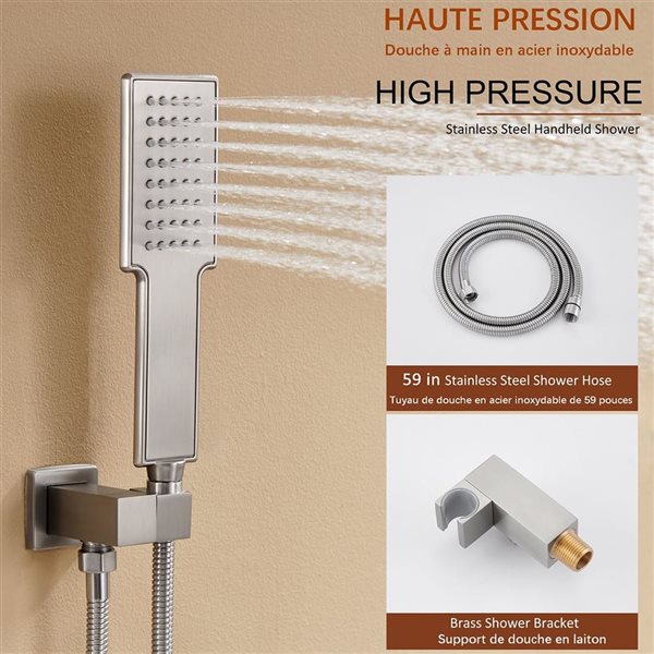 Robinetterie de douche thermostatique encastrée Mondawe nickel brossé avec lumières DEL et jets de corps