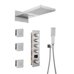 Robinetterie de douche thermostatique encastrée Mondawe nickel brossé avec lumières DEL et jets de corps