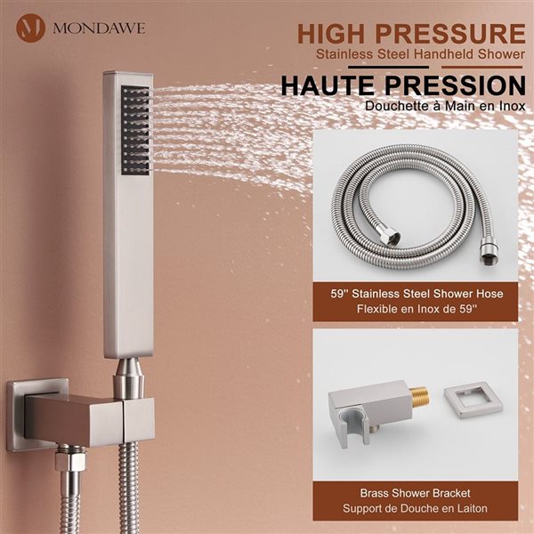 Mondawe Thermostatic Brushed Nickel Built-In Shower Faucet System with 6 Body Sprays