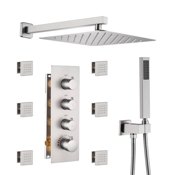 Mondawe Thermostatic Brushed Nickel Built-In Shower Faucet System with 6 Body Sprays