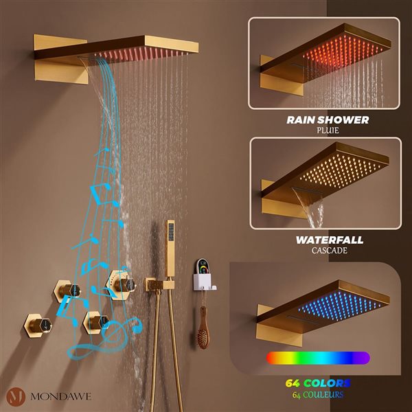 Système de douche thermostatique de luxe à DEL Mondawe or brossé avec cascade et lecteur de musique