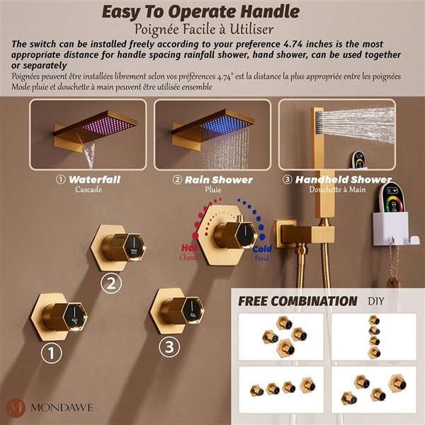 Système de douche thermostatique de luxe à DEL Mondawe or brossé avec cascade et lecteur de musique