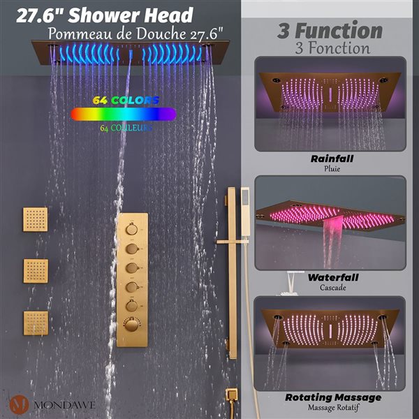 Mondawe Luxury Thermostatic Brushed Gold LED Waterfall Shower System with Music Player and Body Sprays