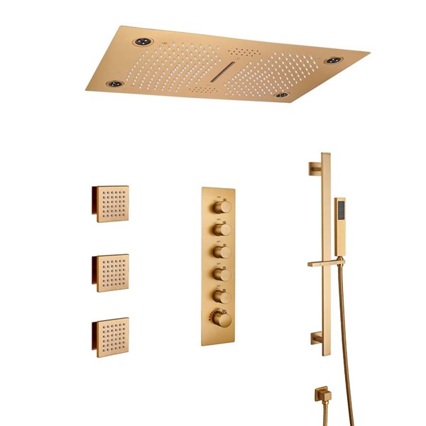 Mondawe Luxury Thermostatic Brushed Gold LED Waterfall Shower System with Music Player and Body Sprays