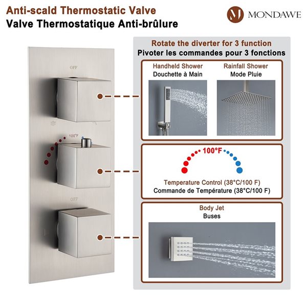 Mondawe 12-in Thermostatic 3-Function Brushed Nickel Built-In Shower Faucet System with 6 Body Sprays