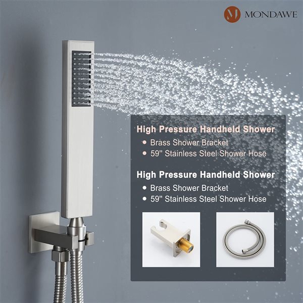 Mondawe 12-in Thermostatic 3-Function Brushed Nickel Built-In Shower Faucet System with 6 Body Sprays