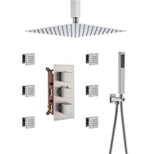 Mondawe 12-in Thermostatic 3-Function Brushed Nickel Built-In Shower Faucet System with 6 Body Sprays