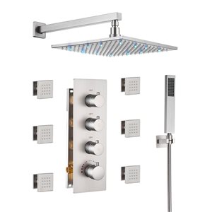 Mondawe 3-Function Thermostatic Brushed Nickle LED Built-In Shower Faucet System with Body Sprays