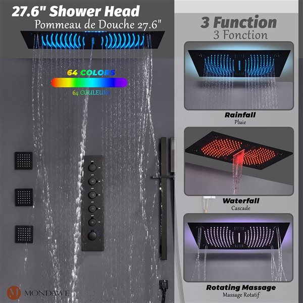 Mondawe Luxury Thermostatic Matte Black LED Waterfall Shower System with Music Player and Body Sprays