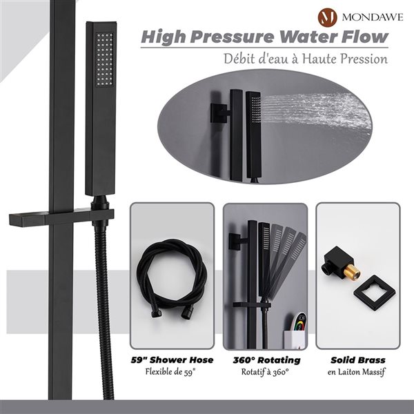 Mondawe Luxury Thermostatic Matte Black LED Waterfall Shower System with Music Player and Body Sprays