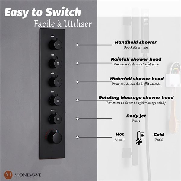 Mondawe Luxury Thermostatic Matte Black LED Waterfall Shower System with Music Player and Body Sprays