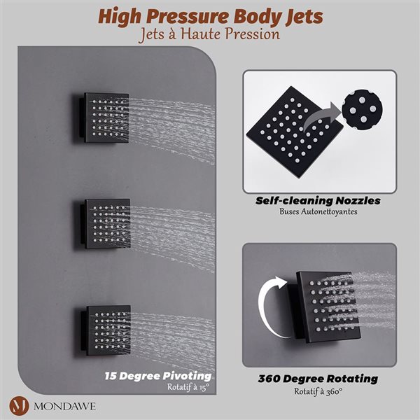 Mondawe Luxury Thermostatic Matte Black LED Waterfall Shower System with Music Player and Body Sprays