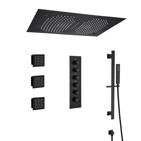 Mondawe Luxury Thermostatic Matte Black LED Waterfall Shower System with Music Player and Body Sprays