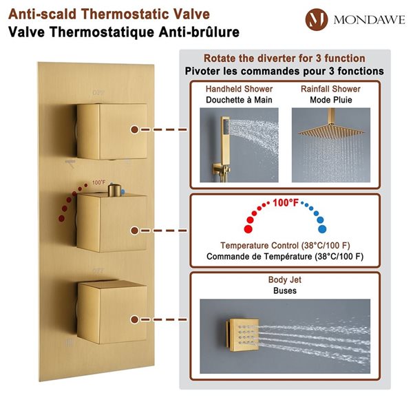 Mondawe 12-in Thermostatic 3-Function Brushed Gold Built-In Shower Faucet System with 6 Body Sprays