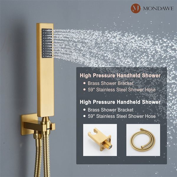 Mondawe 12-in Thermostatic 3-Function Brushed Gold Built-In Shower Faucet System with 6 Body Sprays